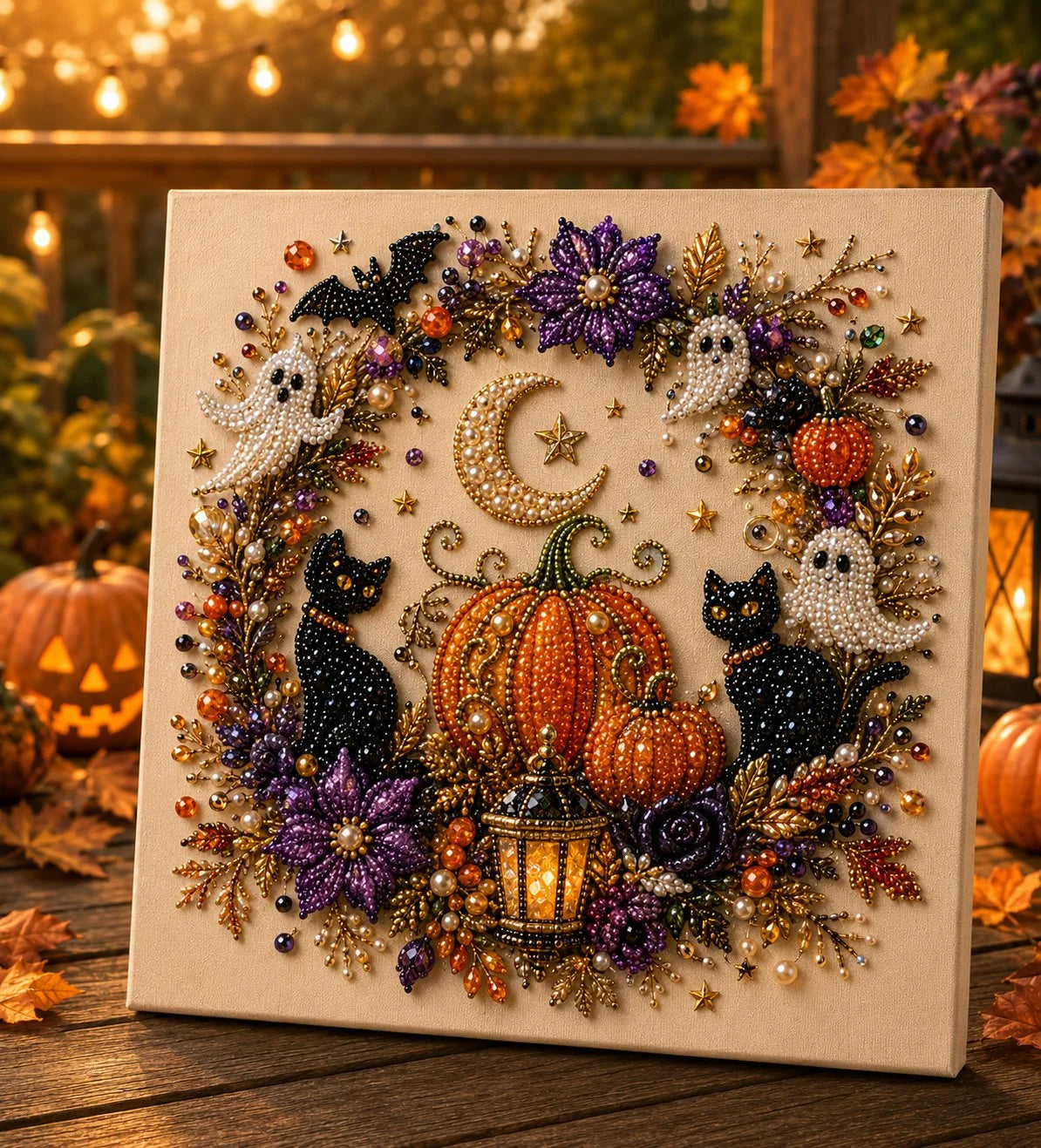 Neluval- Halloween Pearl Art DIY Kit – Turn Tiny Pearls into Spooky-Cute Magic (Size:7.87in*7.87in)